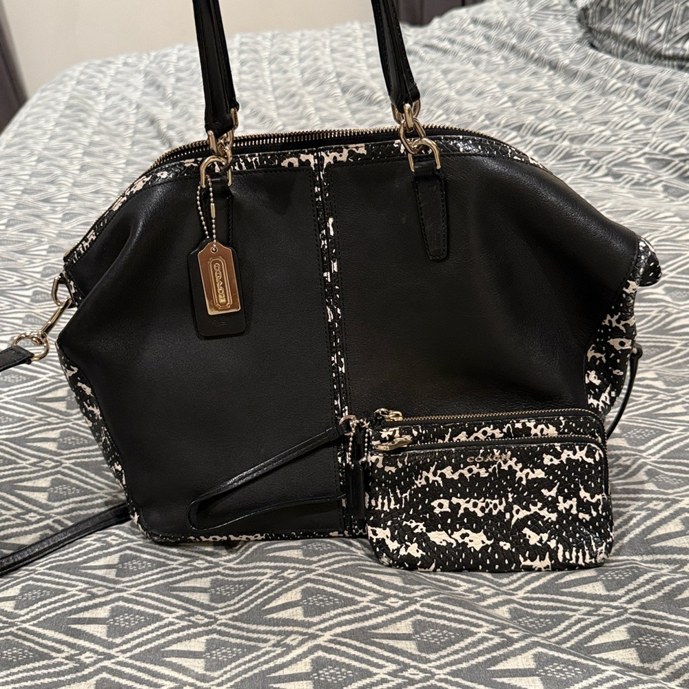 COACH Purse Black Leather Python Print Cooper Satchel and Wristlet Set!